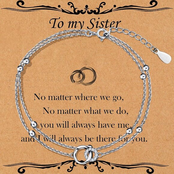 Sterling Silver Interlocking Circles Bracelet Dainty Layering Gift for Sister - Picture 1 of 6